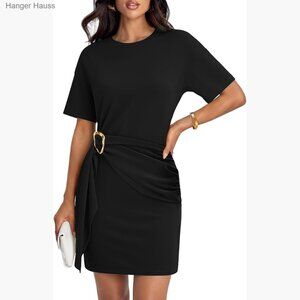 Short Sleeve Mini Dress Ruched Tie Waist Slim Fit Casual Party Beach